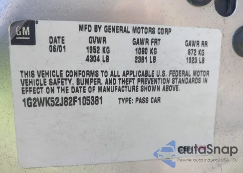 2002 Pontiac Grand Prix Se z USA, uszkodzony, nr VIN 1G2WK52J82F105381